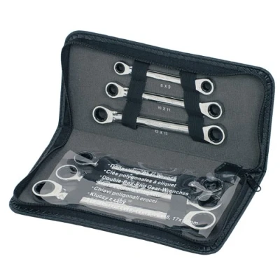 Image of KS Tools GEARplus Double Ring Ratchet Spanner Set Leather Pouch 6 Parts