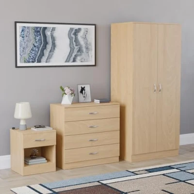 Image of Vida Designs Riano 3 Piece Bedroom Furniture Set, 2 Door Wardrobe, 4 Drawer Chest Of and 1 Bedside Cabinet (Pine)