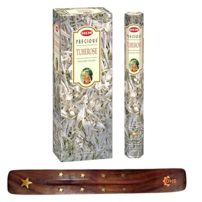 Image of HEM Incense sticks PRECIOUSTuberose Full box of 6 with DHS stick holder for Yoga, Meditation, Healing, Spirituality, Aromatherapy, Spa and Relaxation…