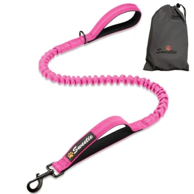 Image of Sweetie Bungee Dog Lead Pink Shock Absorbing Leash that Softens Pulls &amp; Stops Neoprene Padded Loop Traffic Handles for Extra Comfort Reflective Safer Night Walking