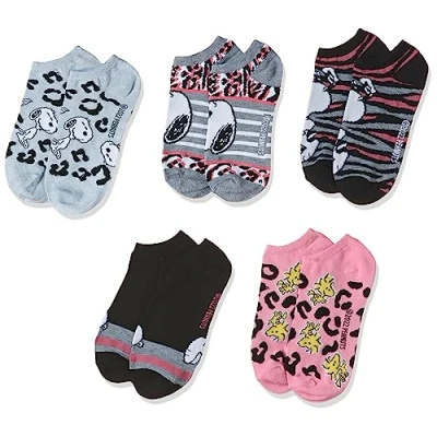 Image of Peanuts Women&#039;s 5 Pack No Show, Animal Print Multi, Fits Sock Size 9 11 Shoe 4 10.5