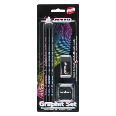 Image of JOLLY Next Generation Graphite Set of 3 Pencils HB Black Wood Round Pen Shape with Subtle Design Including Eraser and Sharpener