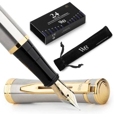 Image of Wordsworth &amp; Black Fountain Pen Set, 18K Gilded Extra Fine Nib, Includes 24 Pack Ink Cartridges, Refill Converter Gift Pouch, Gold Finish, Calligraphy, [Silver Gold], Perfect for Men Women