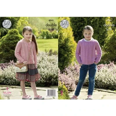 Image of King Cole Kids Double Knitting Pattern Girls Cable Knit Sweater &amp; Cardigan (4941)