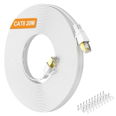 Image of Ethernet Cable 20m Cat 8, Long Internet High Speed 40Gbps 2000MHz Lan 20 meters Cat8 Flat Outdoor Indoor Gigabit RJ45 Network White Patch Cord for Router, Xbox, Modem, PS4/5, Switch
