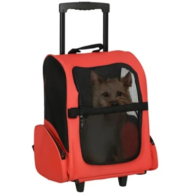 Image of PawHut Pet Travel Backpack Bag Cat Puppy Dog Carrier w/ Trolley and Telescopic Handle Portable Stroller Wheel Luggage (Red)