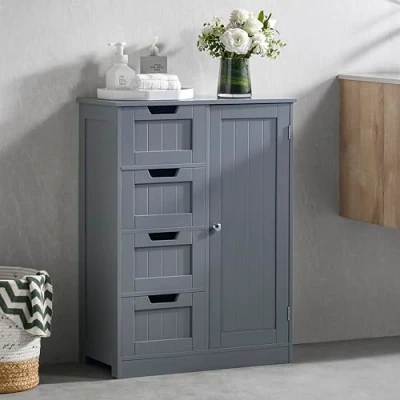 Image of Bath Vida Priano Bathroom Cabinet 4 Drawer Floor Storage Cupboard Wooden Unit With 1 Door, Height Adjustable Shelf (Grey)