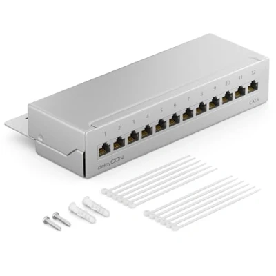 Image of deleyCON CAT6 Network Panel 12 Port Patch Distributor Field Desktop &amp; Wall Mounting Shielded 12x RJ45 Ports TIA568A TIA568B Light Gray
