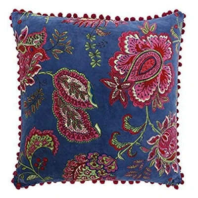 Image of Riva Paoletti Malisa Square Polyester Filled Cushion Paisley Indian Print Faux Velvet Fabric Pink Pompom Edges Machine Washable 100 (20&quot; x 20&quot; inches), Cotton, Smoke Blue, 50 50cm