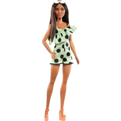 Image of Barbie Doll, Kids Toys and Gifts, Brunette with Polka Dot Romper, Fashionistas, Clothes Accessories, HJR99
