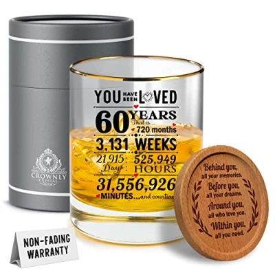 Image of Kies CROWNLY Crystal® 60th Birthday Gifts for Men and Women Personalised Whiskey Glass Dad Mum Husband 60 Year Old Man Decorations