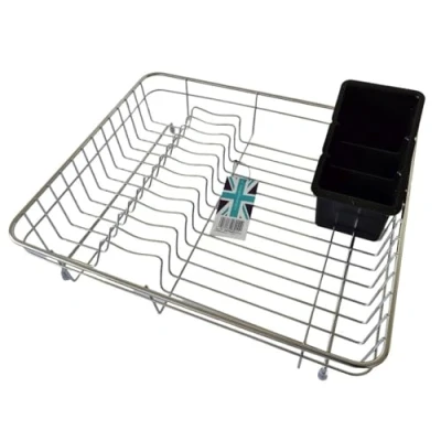 Image of Delfinware Stainless Steel Dish Draining Rack with Black Cutlery Drainer (Large + Drainer) 10.5 x 43.0 36.5cm approx