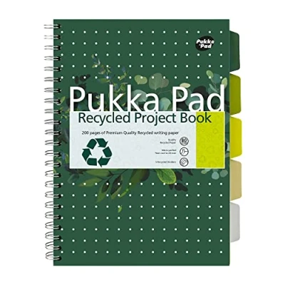 Image of Pukka Pad, Recycled 6 Subject Double Spiral Bound A4 Project Book with 5 Dividers 80GSM FSC Paper Micro Perforated and 4 Hole Punched Margins Recyclable Pack of 3
