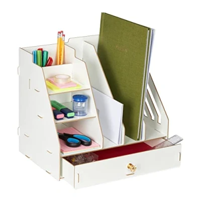 Image of Relaxdays Desk Organiser, Office Supplies and Documents, Different Size Compartments, DIY, MDF, 29.5x33x24 cm, White
