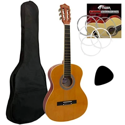 Image of Tiger CLG2 3/4 Size Classical Spanish Guitar Beginners Complete Starter Kit for Ages 9 11, Natural