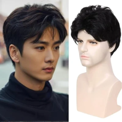 Image of Becus Mens Wigs Short Black Wig for Men Natural Synthetic Layered Replacement Male Daily Wear Party Cospaly Costume Halloween