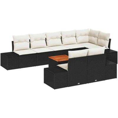 Image of vidaXL 9 Piece Garden Sofa Set with Cushions Black Poly Rattan Acacia