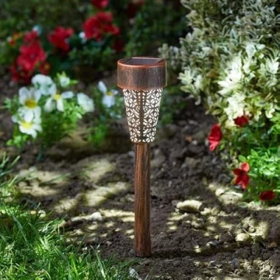 Image of Garden Mile Set of 6 Damasque Stake Light Bronze Solar Powered Lights Outdoor Path Decking Patio Border Lawn Lighting White Power Security Pathway Up Waterproof Décor