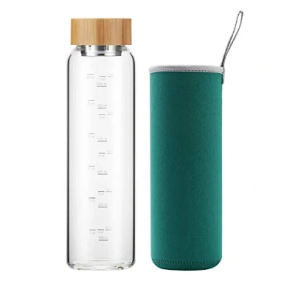 Image of sunkey 1 Litre Glass Water Bottle with Bamboo Cap, Reusable Borosilicate 1000 ml BPA Free (Green)