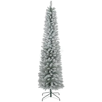 Image of HOMCOM 7ft Artificial Pencil Christmas Tree with 405 Snow Flocked Branches, Metal Base, Realistic Xmas Tree, White