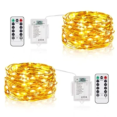 Image of LED String Lights Battery Operated, 5M 50 LEDs Copper Wire Fairy with Remote Control, 8 Modes Waterproof Dimmable for Indoor Outdoor Decoration (2 Packs, Warm White)