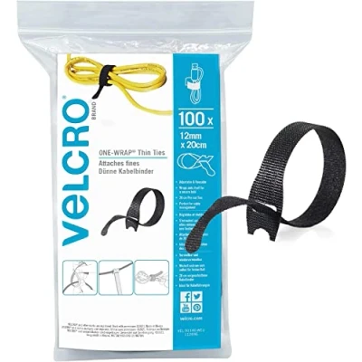Image of VELCRO Brand ONE WRAP Reusable Thin Ties Multi Purpose Perfect Desk Accessories for Cable Management &amp; Home Improvement Black 12mm x 20cm Pack of 100