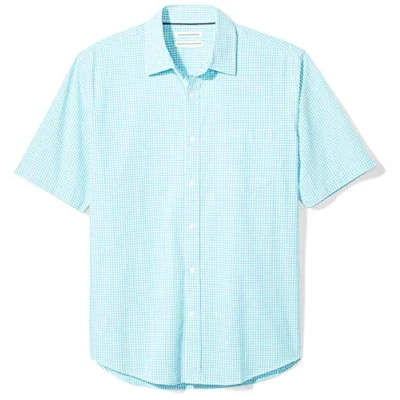 Image of Amazon Essentials Men&#039;s Regular Fit Short Sleeve Poplin Shirt, Aqua Blue Gingham, M