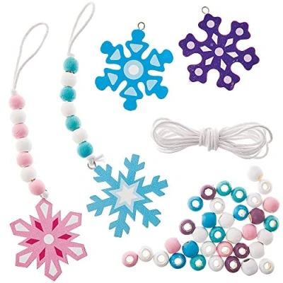 Image of Baker Ross FX275 Snowflake Wooden Bead Decoration Kits Pack of 4, Wood Craft Decorations for Kids Christmas Party, Arts and Crafts