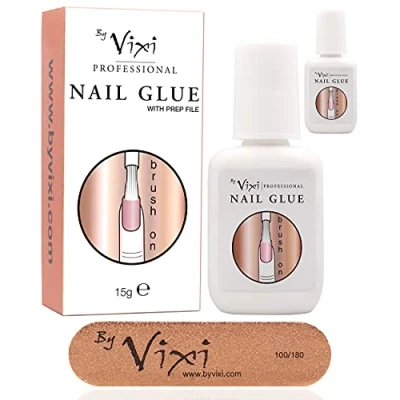 Image of 2x 15g By Vixi EXTRA STRONG NAIL GLUE with BRUSH and FREE PREP FILE Clear Instant Dry Adhesive, Professional Salon Quality