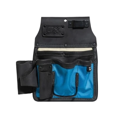 Image of OX Tools 10 Pocket Leather &amp; Nylon Drywall Pouch Built with Kevlar Water Resistant Tool Hammer Tape Holder for Small Tools, Fits 2 3 Inch Work Belt U268503