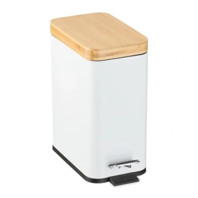 Image of Relaxdays Step Pedal Bin, 5L, Soft Close Mechanism, Removable Inside, Bathroom Cosmetic Waste, Metal, Bamboo Lid, White, Iron, 29.5 x 14 29 cm