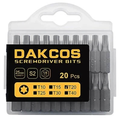 Image of DAKCOS T20 Torx Bit, 20PCS Impact Driver Bits, 1/4&quot; Screwdriver Bit Sets, Premium S2 Alloy Steel 25mm Long