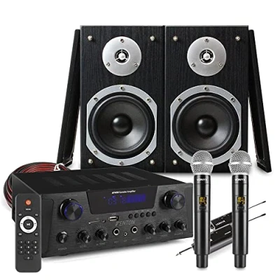Image of Fenton Karaoke Set with Bookshelf Speakers, AV430B Bluetooth Amplifier and Dual Wireless Microphones