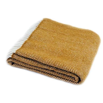 Image of Tweedmill Textiles Herringbone Mustard Yellow Pure New Wool Blanket Throw Rug BRITISH MADE