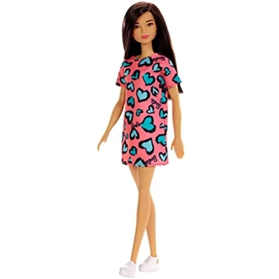Image of ​Barbie Doll, Brunette, Wearing Pink and Blue Heart Print Dress Platform Sneakers, for 3 to 7 Year Olds, GHW46
