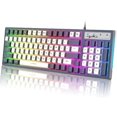 Image of Wired Gaming Keyboard Rainbow Backlit with Mechanical Feeling Media Key Waterproof Compact 96 Keys Detachable Keycaps Silent USB Membrane for Desktop PC Office Gray/White