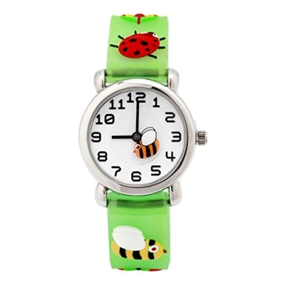 Image of ele ELEOPTION Girl&#039;s Digital Quartz Waterproof 3D Cute Cartoon Round Dial Wrist Watch with Silicone Strap,Little Bees, Green