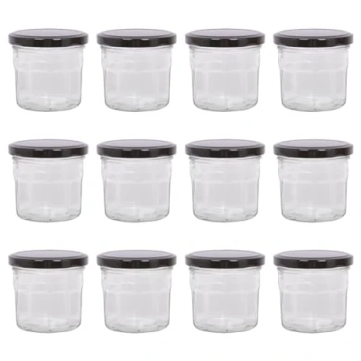 Image of Argon Tableware Glass Jam Jars with Airtight Black Lids 130ml Pack of 12 Empty Screw Top Kitchen Storage Jar for Food, Honey, Spice, Pickling, Preserving, Candle Making