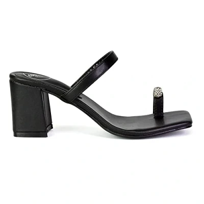 Image of ESSEX GLAM Womens Low Block Heel Sandals Ladies Square Toe Diamante Slip On Size 3 8 Black Pu