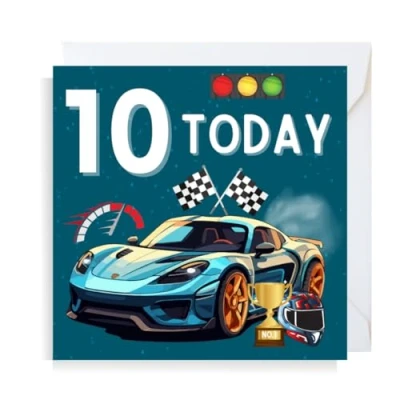 Image of Second Ave Racing Car 10th Birthday Age 10 Square Children&#039;s Kids Greeting Card for Boy or Girl