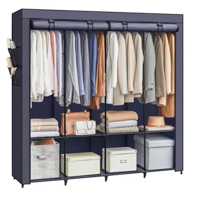 Image of SONGMICS Clothes Wardrobe, Portable Closet, Garment Organiser Rack with 4 Hanging Rails, Shelves, Side Pockets, 45 x 170 167 cm, Large Capacity, Dark Blue RYG094I02