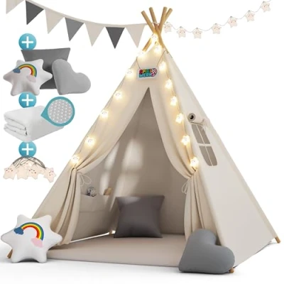 Image of Spielwerk® Kids Teepee Play Tent 130x130x160cm Children&#039;s Playhouse with Fairylight Light Chain 2.5cm Thick Mat 3 Cushions Cotton Carrying Bag Child&#039;s Toy Room Snow White