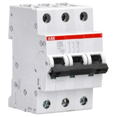 Image of ABB S203 C20 Miniature Circuit Breaker, 3 Pole, Type C, 6/10kA Breaking Capacity, 20 Amp Current (2CDS253001R0204)