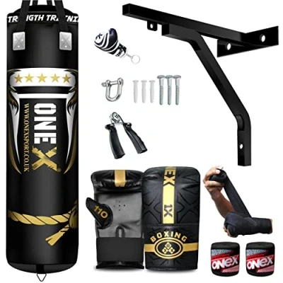Image of ONEX Heavy Filled 13 Piece 5ft Boxing Punch Bag Set Gloves Bracket With Straps MMA Pad Punching Kick (Black, 5ft)