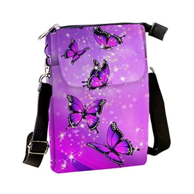 Image of Pizding Purple Butterfly Canvas Cell Phone Purse Wallet Small Crossbody Bag Lightweight Shoulder Cellphone Pouch with Adjustable Strap for Women Girls