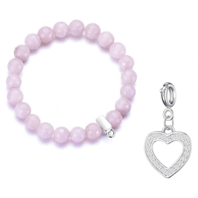 Image of Philip Jones Faceted Rose Quartz Gemstone Bracelet with Open Heart Charm Created Zircondia® Crystals
