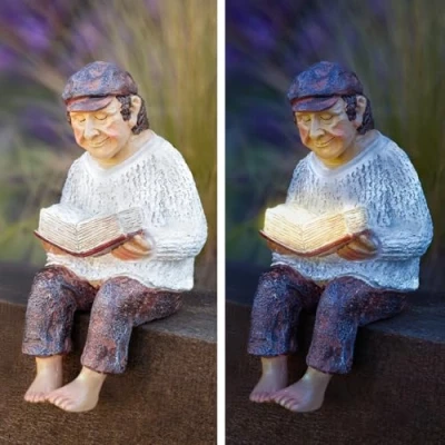 Image of Garden Mile Sitting Grandparent Ornaments Outdoor Weatherproof Solar Resin Ornament For Patio, Balcony, Decorations Lights (Grandpa)