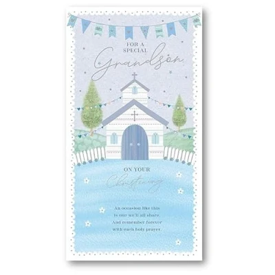 Image of Carte Blanche Grandson Christening Congratulations Card for Boys Blue Bunting Church &amp; Sentiment Verse with Foil Details Eco Friendly