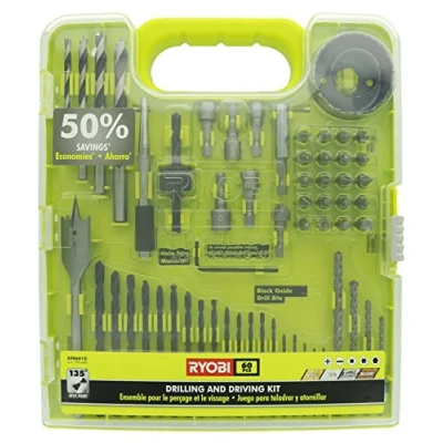 Image of Ryobi A98601 60 Piece Black Oxide Drilling and Driving Bit Set with Carrying Case for Wood, Metal, Plastic, Masonry