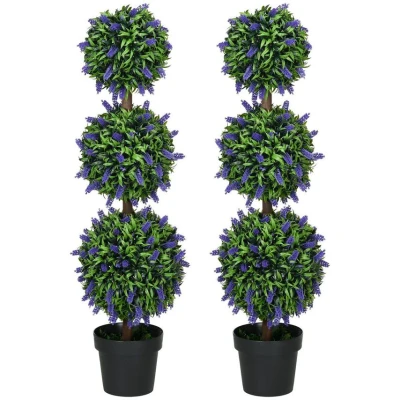 Image of HOMCOM Set of 2 Decorative Artificial Plants Ball Trees with Lavender Flowers in Pot Fake for Home Indoor Outdoor Decor, 110cm